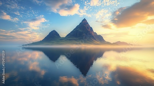Abstract landscape with sharp mountain peaks, water reflections, blue sky & golden hour lighting, 3D high-resolution rendering
