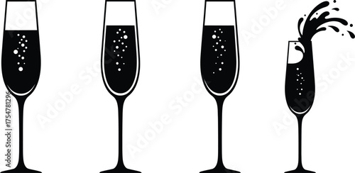 Champagne Flutes Vector Art: Black & White Toasting Glasses with Bubbles & Overflowing Drink - Celebration, Party, Festive Design Element