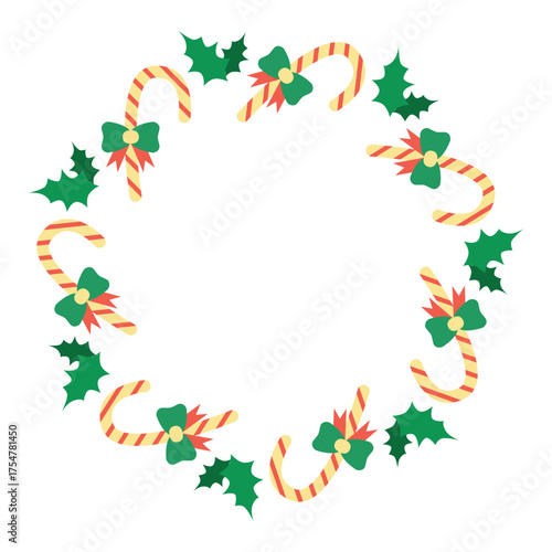 Circle frame with festive decorations. Holiday vector illustration. New Year decor wreath. Round garland with Christmas candy cane, bow and poinsettia leaf.
