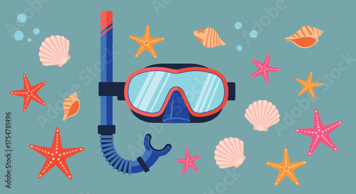 Discover the wonders of the ocean with this snorkeling gear and vibrant seashells.
