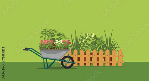 A garden scene with a wheelbarrow full of flowers and plants behind a wooden fence.