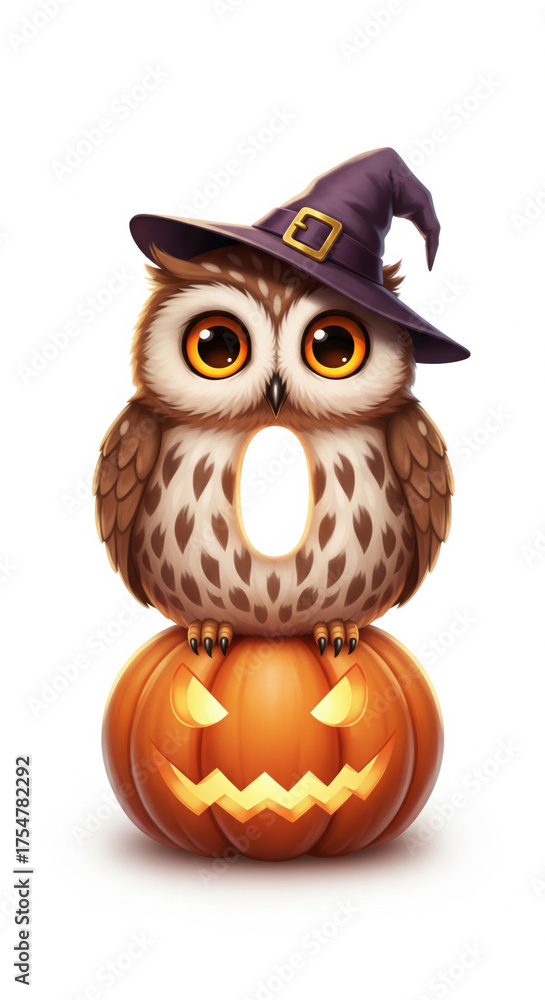 Fototapeta premium Owl with big eyes wearing witch hat sitting on carved pumpkin with glowing face, Halloween theme, white background, cute and whimsical illustration