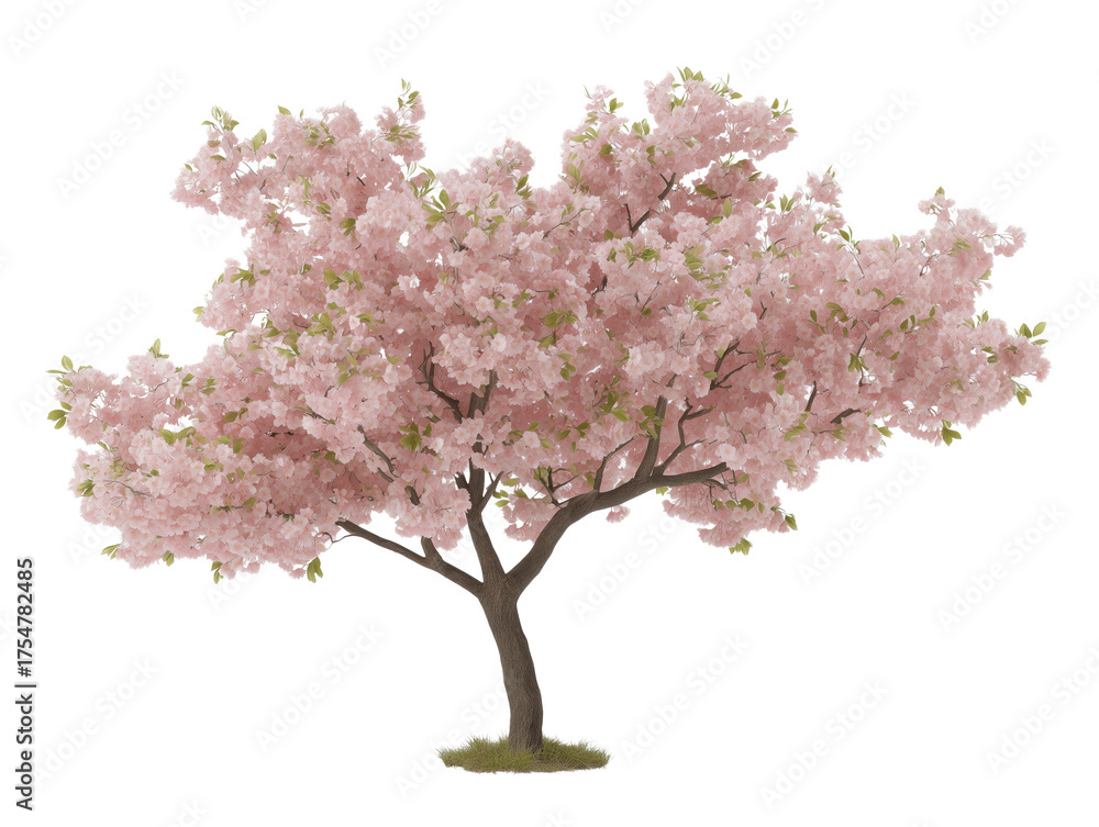 Obraz premium Cherry Blossom Elegance: A solitary cherry blossom tree bursts with delicate pink blooms, signaling the arrival of spring with its graceful beauty.
