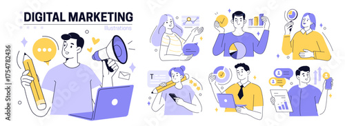 Digital marketing concept set. Collection of characters promoting business online, creating content, analyzing data, managing social media. Vector illustration.