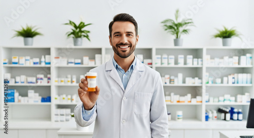 Smiling pharmacist holding prescription bottle in modern pharmacy, surrounded by medicine shelves and green plants, professional healthcare service concept