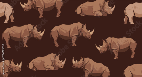 A repeating pattern of rhinoceroses on a dark brown background.