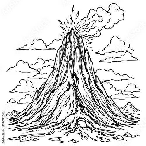 Minimilist illustration of a volcano erupting with smoke and lava surrounded by clouds in a black and white landscape vector