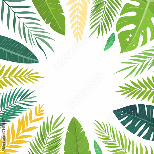 Tropical Leaves Border with Lush Greenery and Vibrant Yellow Foliage on a White Background, Perfect for Summer Designs and Natural Themes
