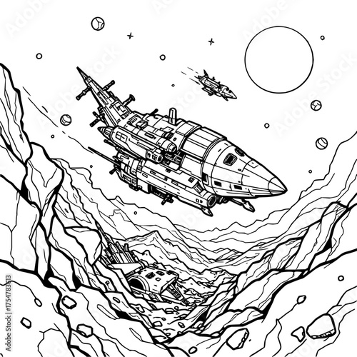 Minimilist a spaceship flies over a rocky alien landscape with a crashed ship and moon in the background view scene vector
