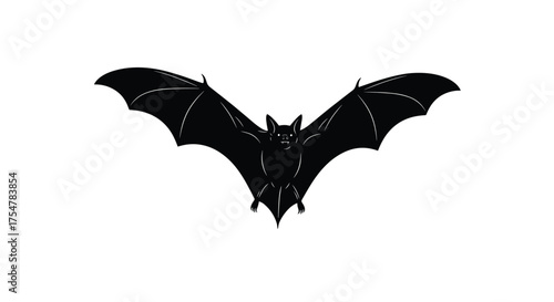 A solitary black bat silhouette appears to fly across a white background in this minimalist graphic.