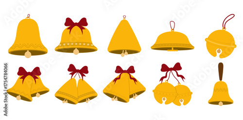 Christmas Bell Icon Set | Flat Golden Holiday Decoration Collection