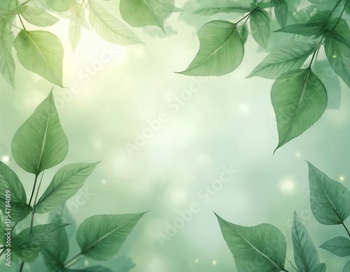 Delicate green leaves create soft overlay. Nature inspired photo with gentle light. Botanical background features fresh foliage. Abstract design offers calm and serene mood ideal for graphic design.