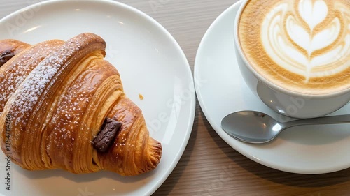 A chocolate croissant with powdered sugar and a latte on a white plate on a table