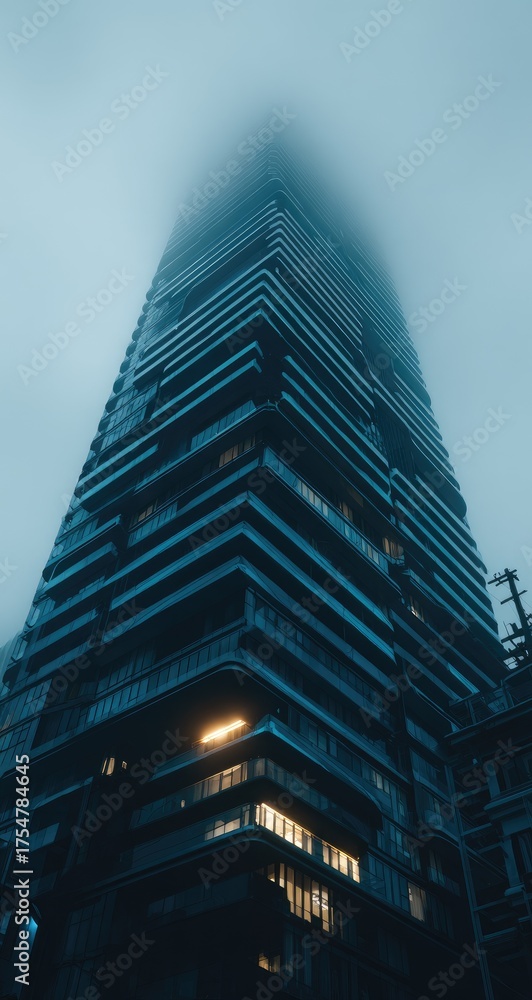 Fototapeta premium Tall building shrouded in fog, with illuminated windows visible.
