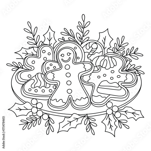 Vector line art illustration of gingerbread cookies and holly sprigs for festive holiday designs scalable eps silhouette vector illustration white background