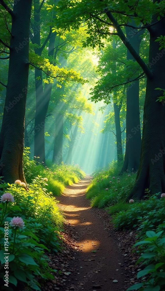 Fototapeta premium Winding Forest Path Sunlight Dapples Leaves on a Journey of Adventure and Exploration Through Lush Greenery Towards an Unknown Destination