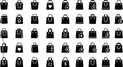 Shopping bag icon set, 45 black solid vector silhouettes, retail commerce and e-commerce store symbols, minimalist paper bag graphics for web design