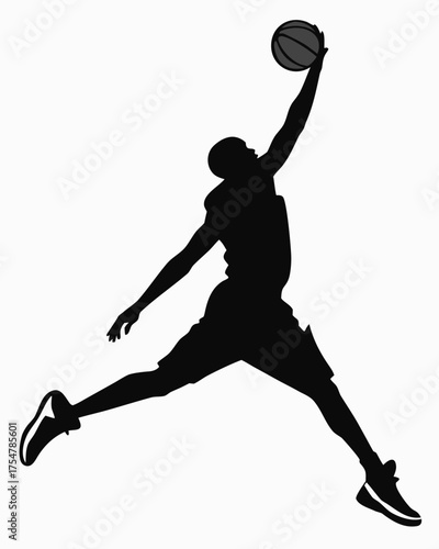 Dynamic black silhouette of a basketball player jumping high for a slam dunk against a white background, embodying athletic action and victory.