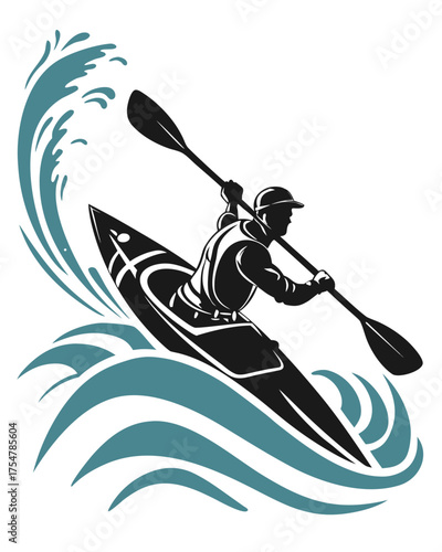 Powerful graphic illustration of a kayaker navigating rough waters with a paddle, capturing the dynamic action and thrill of white-water extreme sport.