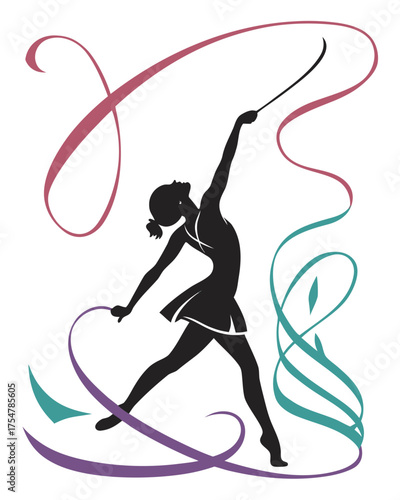 Elegant black silhouette of a rhythmic gymnast in a dynamic pose, surrounded by swirling, multi-colored ribbons, representing artistic sport and flowing movement.