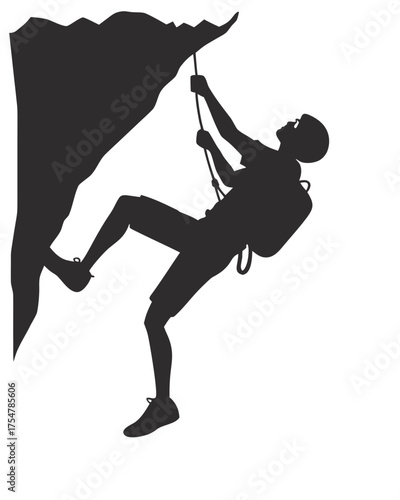 Striking black silhouette of a mountain climber rappelling down or ascending a rugged rock face, symbolizing adventure, challenge, and extreme sport.