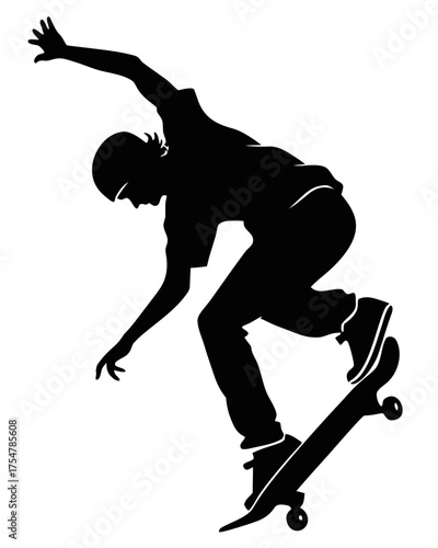 Dynamic black silhouette of a skateboarder in mid-air performing a trick, capturing the spirit of urban extreme sport and youth culture.