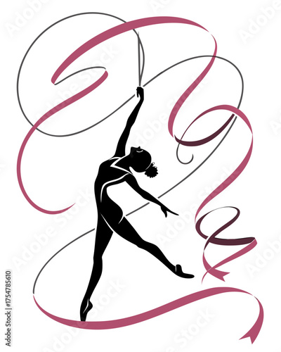 Graceful black silhouette of a rhythmic gymnast performing a dance pose with flowing pink and grey ribbons, embodying elegance, flexibility, and artistic sport
