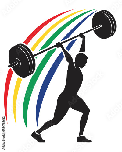 Striking silhouette of a weightlifter successfully lifting a barbell overhead, accented by vibrant rainbow arc trails, symbolizing strength and victory in sport.