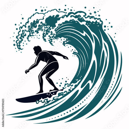 Bold graphic illustration of a surfer expertly riding a large, detailed ocean wave, capturing the power of the sea and the thrill of watersport action.