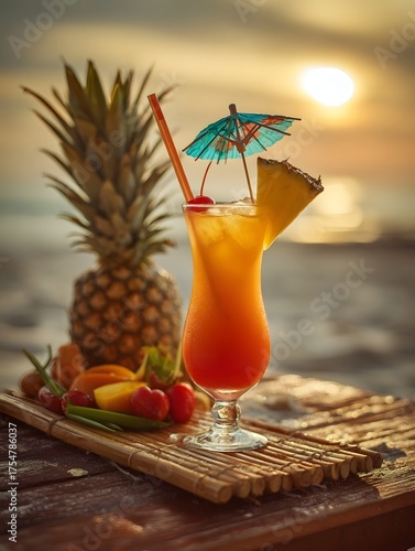 A colorful tropical cocktail garnished with pine and a cherry set against a beach sunset