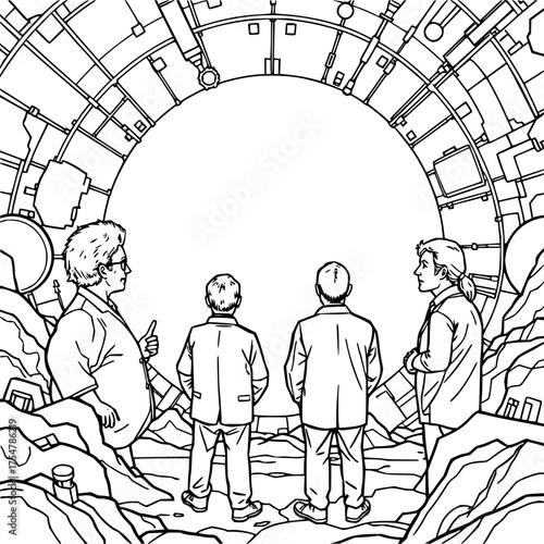 Minimilist group of people looking at a large circular portal in a science fiction setting in black and white style vector