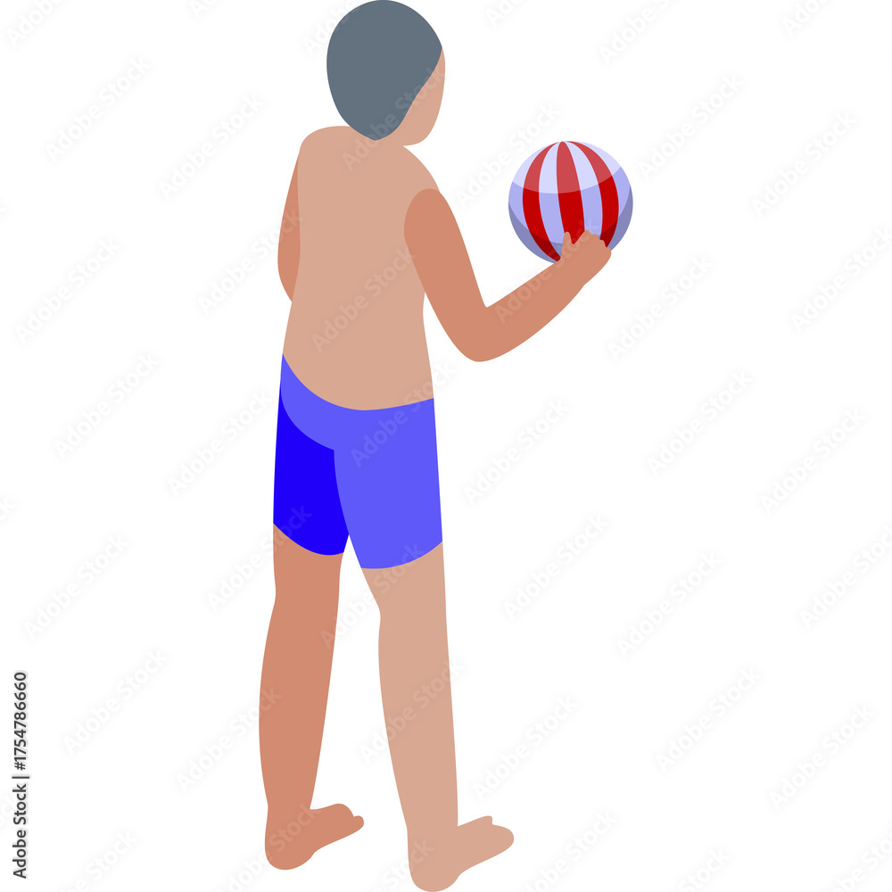 Fototapeta premium Isometric view of a person in blue swim shorts holding a red white striped beach ball in their right hand isolated on a white background ready for summer fun