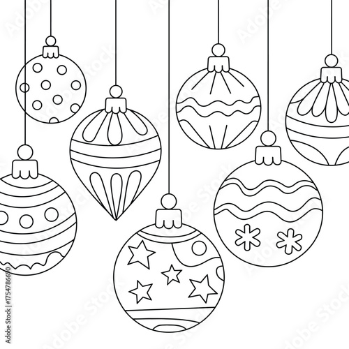 Decorative hanging christmas baubles line art vector illustration scalable eps icon festive ornament design silhouette vector illustration white background