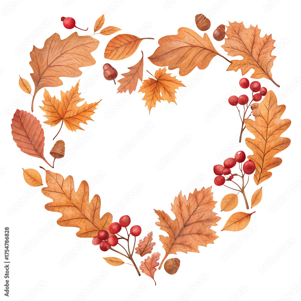 Obraz premium A heart-shaped arrangement of autumn leaves and berries. The leaves are in shades of orange, yellow, and brown, with red berries scattered throughout. Isolated on a transparent background.