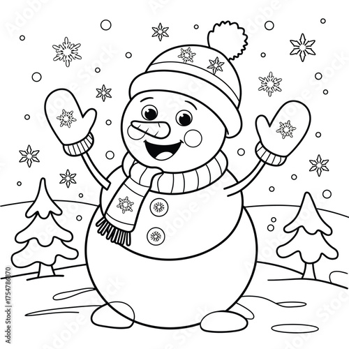 Vector line art illustration of a happy snowman wearing a hat and scarf in winter scene eps silhouette vector illustration white background