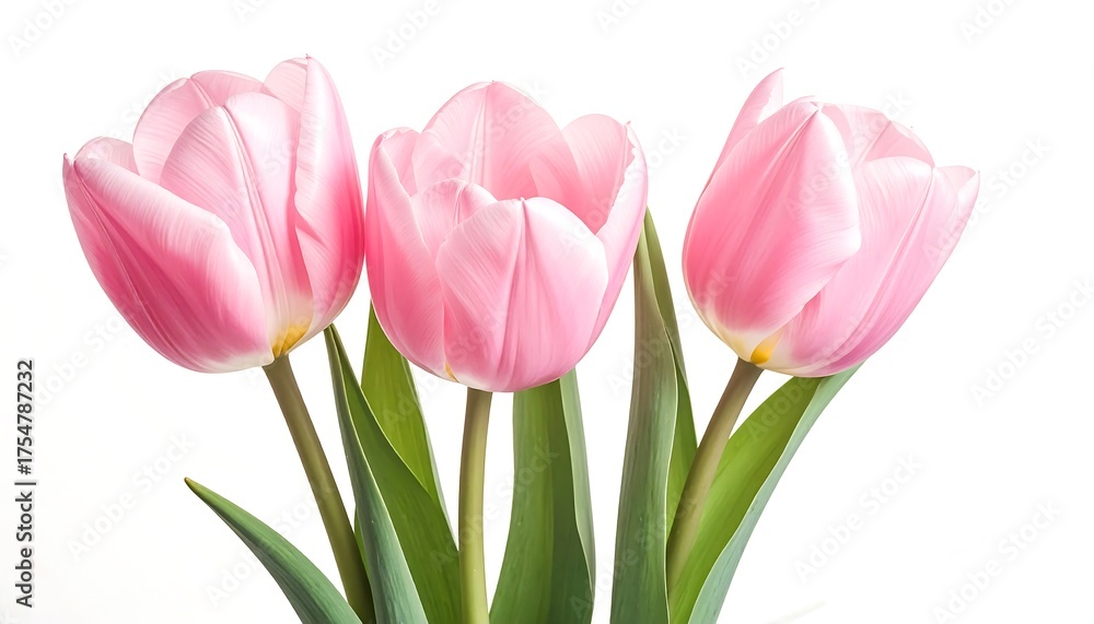 Fototapeta premium Three delicate pink tulips on a white background