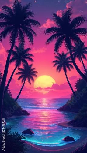 Tropical beach illustration with palm trees during sunset. Vibrant pink, purple sky reflects in ocean water. Relaxing island landscape with artistic style. Perfect travel design art.