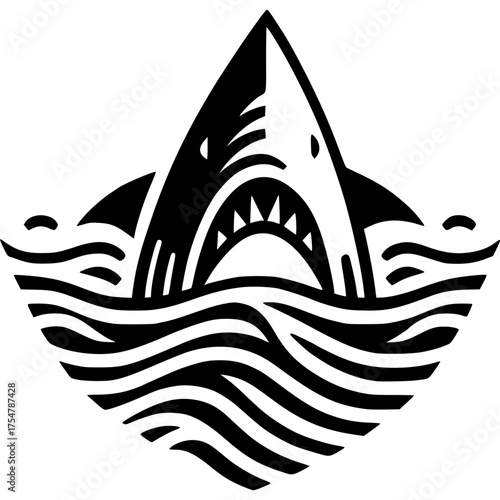 Intense Shark: A stylized graphic showcasing a shark's fierce visage emerging from ocean waves, embodies the raw power of the marine ecosystem.
