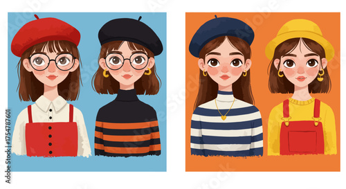 A charming collection of four cute cartoon girl portraits with unique fashion styles and expressive faces. Each character features trendy outfits, playful accessories, and bright contrasting