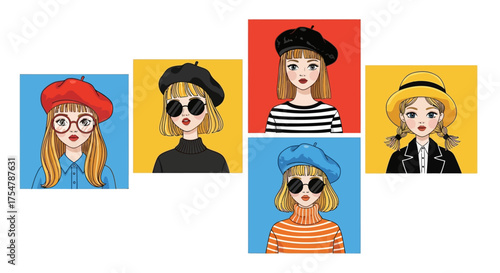 A charming collection of four cute cartoon girl portraits with unique fashion styles and expressive faces. Each character features trendy outfits, playful accessories, and bright contrasting