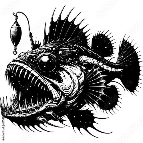 Anglerfish's Bioluminescent Allure: A detailed monochrome illustration of an anglerfish, showcasing its distinctive bioluminescent lure and predatory teeth.