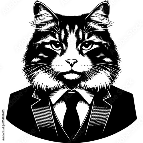 Distinguished Feline in Formal Attire: A regal cat, adorned in a sophisticated suit and tie, exudes an air of refined elegance, capturing a whimsical blend of the animal world and human formality.