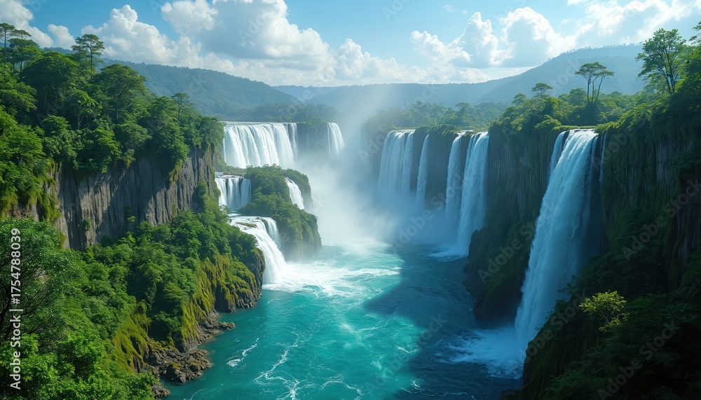 Fototapeta premium Waterfalls cascade down rocky cliffs surrounded by rich green forest. Turquoise river flows through the canyon under a bright blue sky. Natural landscape scenery offers a tranquil view.