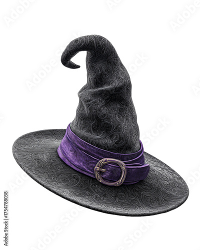 Elegant dark witch hat with purple ribbon and buckle halloween costume accessory close up isolated
