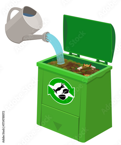 Watering can waters an open green compost bin (cut out)