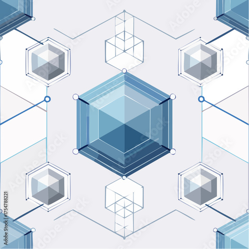 Geometric digital seamless pattern with abstract crystalline cubes and technology elements, ideal for background