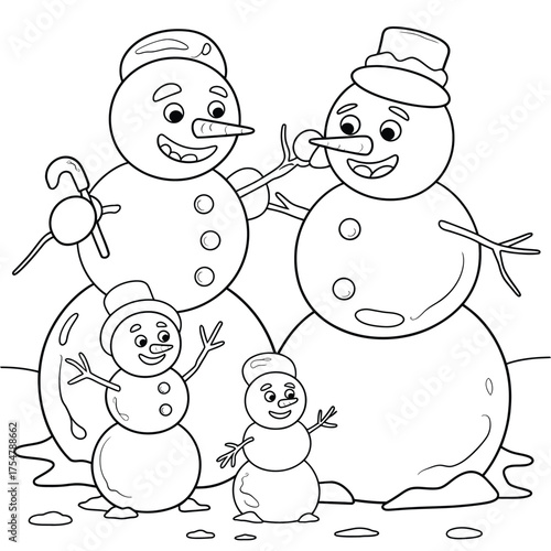 Charming vector line art illustration of a happy snowman family scalable eps graphic silhouette vector illustration white background