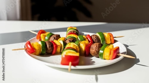 A plate of colorful vegetable skewers arranged on a white surface illuminated by sunlight