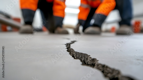 Crack in a surface with workers in background indicates potential structural damage or construction issues. Focused on the issue with signs of maintenance.