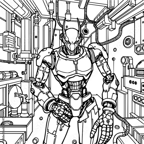 Minimilist a futuristic robot stands amidst complex machinery and wiring in a detailed line art illustration vector